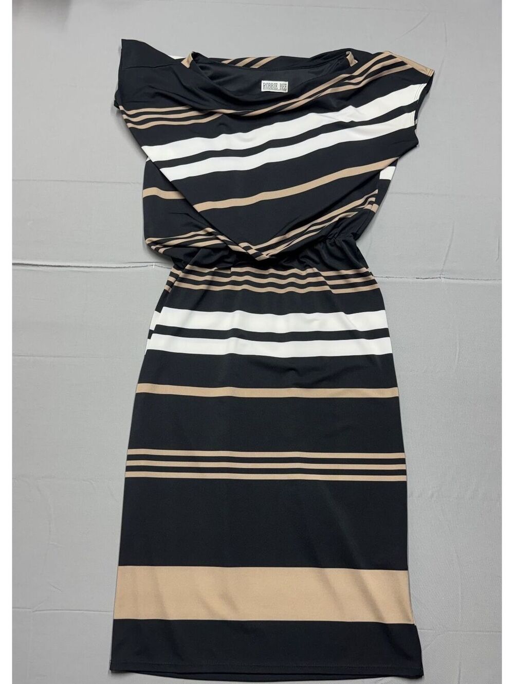 Robbie Bee Womens M Dress Black Tan White Striped Elastic Waist Blouson Midi
